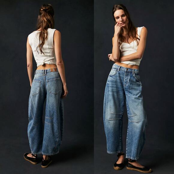 Free People Blue Good Luck Barrel Jean Like New - Picture 2 of 14